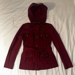 ♥️ Burberry Brit Military Hooded Utility Jacket Raincoat Maroon Burgundy